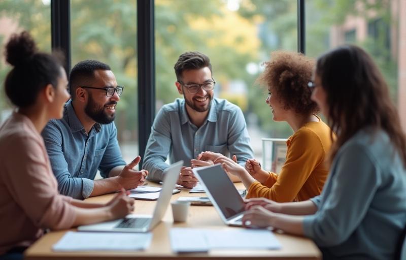 Diverse group of professionals collaborating in a modern office environment.